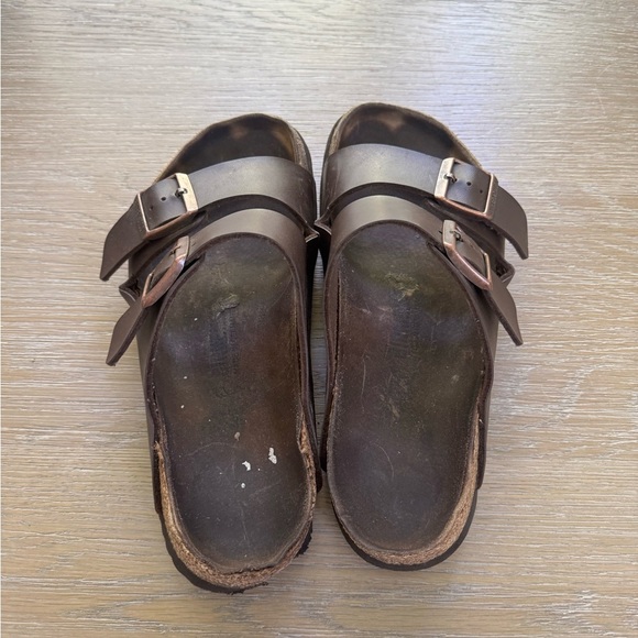 Birkenstock brown leather buckle women’s slip on slides sandals shoes size 10.5 - Picture 3 of 7